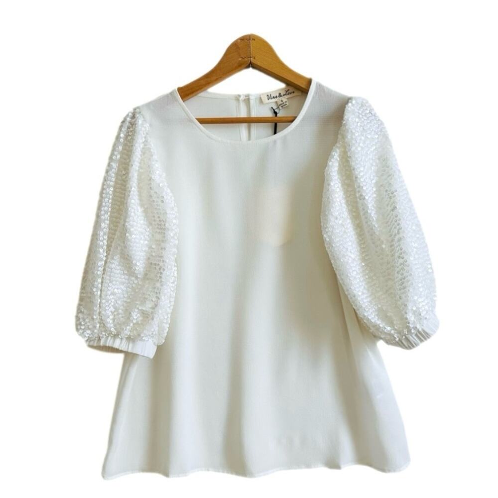 Vine & Love Top Ivory White Sequin Puff Sleeve Dressy Blouse Top Size Small NEW